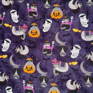 Sloths in Halloween Costumes Cotton Fabric - 1/2 Yard - Witch, Mummy, Pumpkin